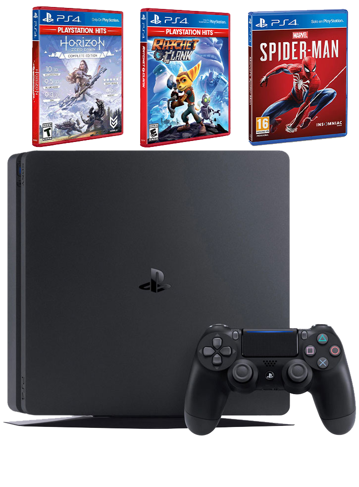 Consola SONY Playstation 4 Slim, 500GB, Jet Black + Horizon Zero Dawn + Spider Man + Ratchet & Clank