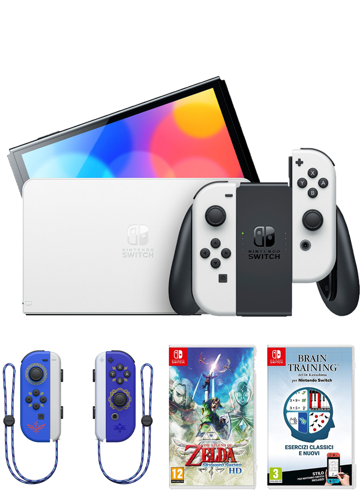 Consola Nintendo Switch Alb Oled + Brain Training + Zelda Skyward Sword + Joy-Con Zelda SS