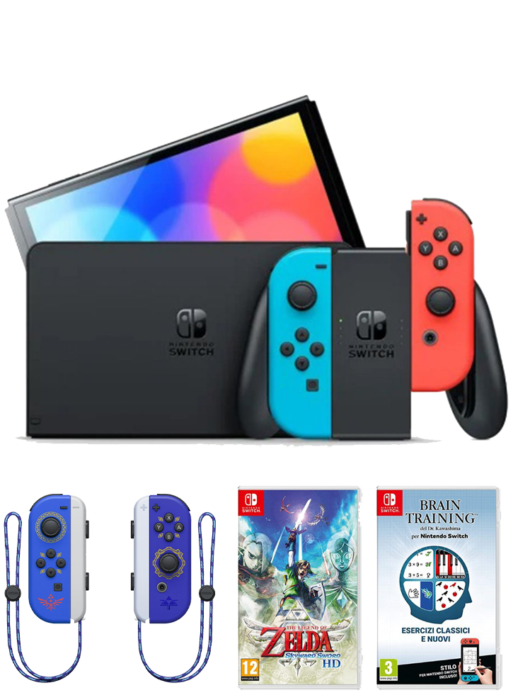 Consola Nintendo Switch Oled Rosu /Albastru + Brain Training + Zelda Skyward Sword + Joy-Con Zelda SS