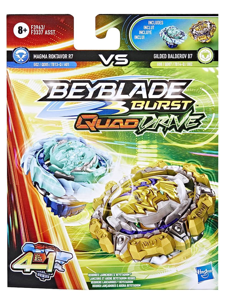 Beyblade Burst Quad Drive 4 in 1 Magma Roktavor R7 vs Gilded Balderov B7