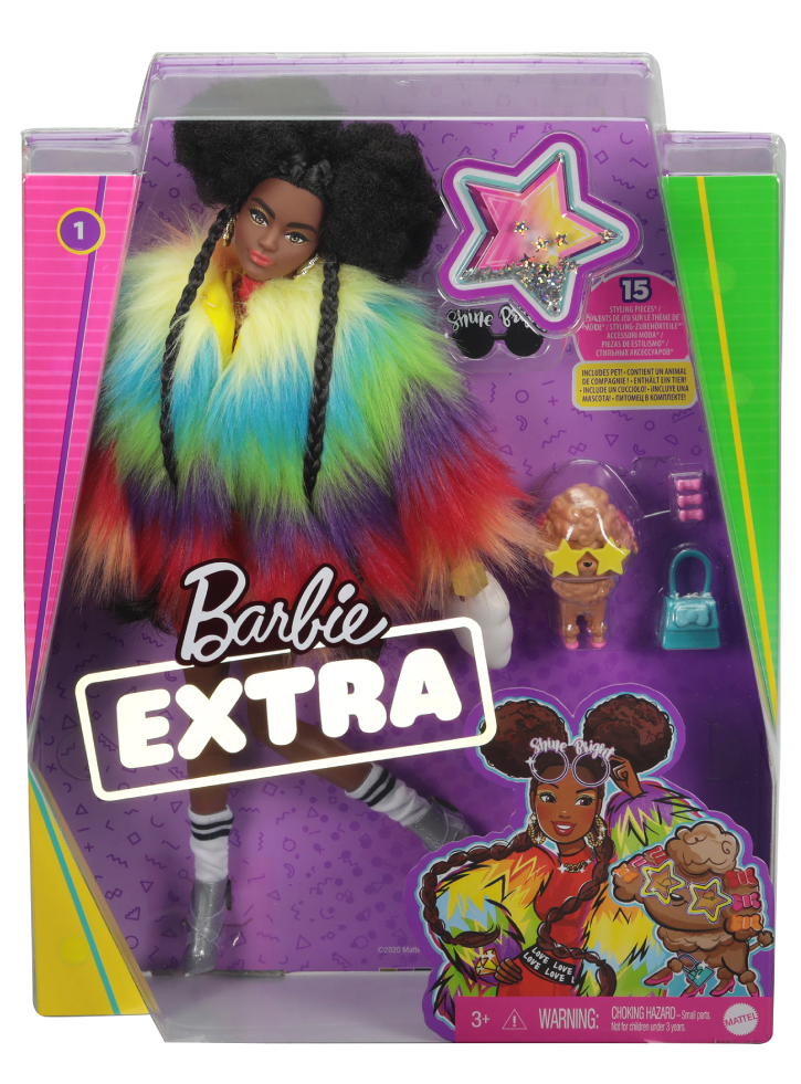 Papusa Barbie Extra Dark Skin & Rainbow Coat (GVR04)