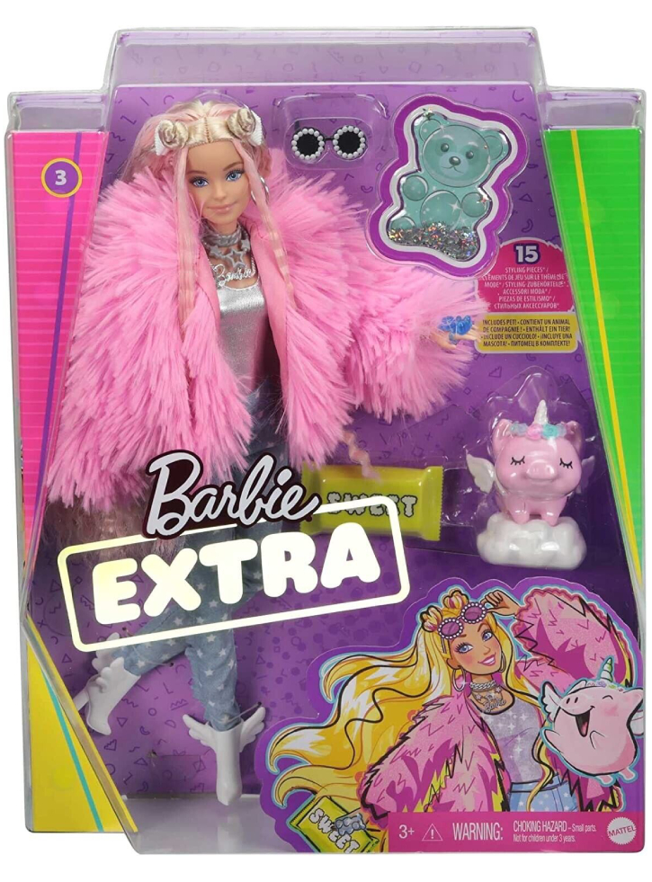 Papusa Barbie Extra Fluffy Pink Jacket & Pet Unicorn Pig (GRN28)