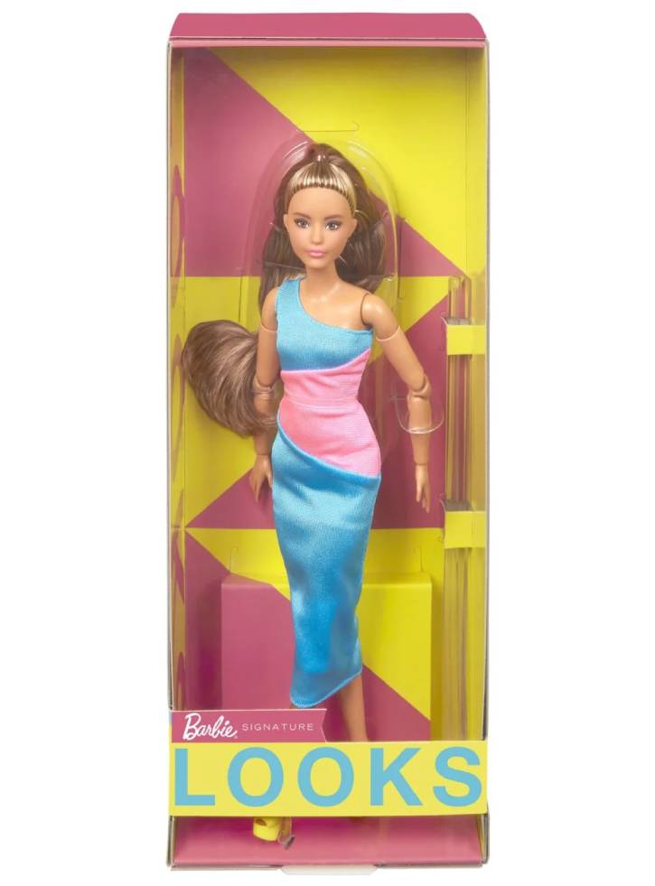 Papusa Barbie Signature Looks Short Brunette Ponytail Turquoise/Pink Dress (HJW82)