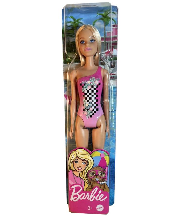 Papusa Barbie Beach Blond with Tropical Checkers Pink Swimsuit (HDC50)