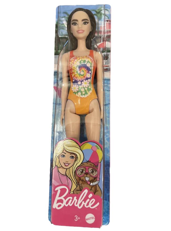 Papusa Barbie Beach Brunnete with Flowers Orange Swimsuit (HDC49)