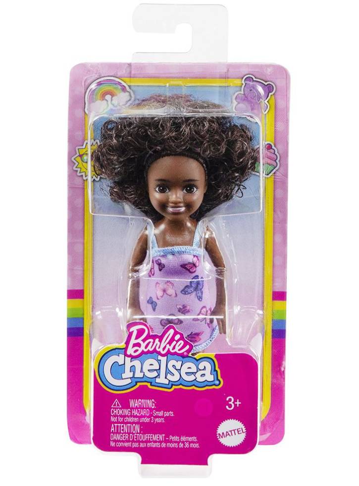 Papusa Barbie Club Chelsea Mini Girl Dark Skin with Purple Dress (HGT03)