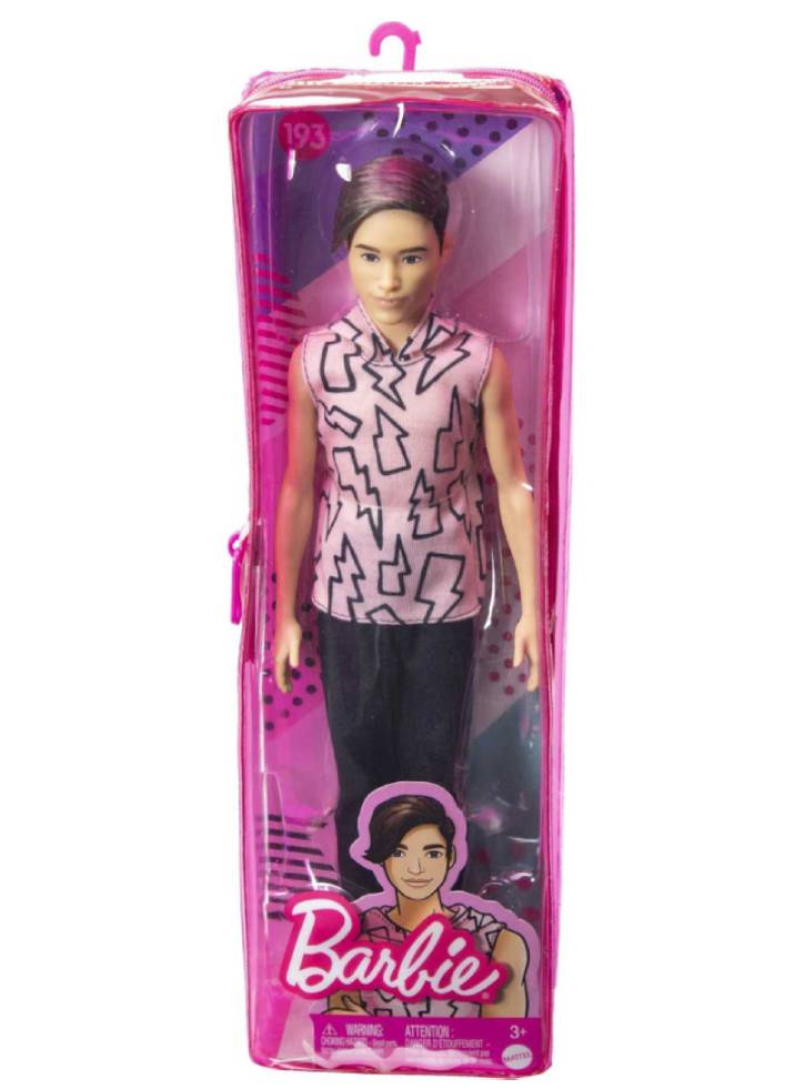 Papusa Barbie Ken Fashionistas Pink Hoodie with Lightening Bolts Black Rooted Hair (HBV27)
