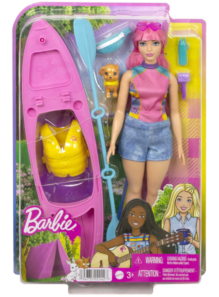 Papusa Barbie Pink Hair Camping with Pet Puppy Kayak (HDF75)