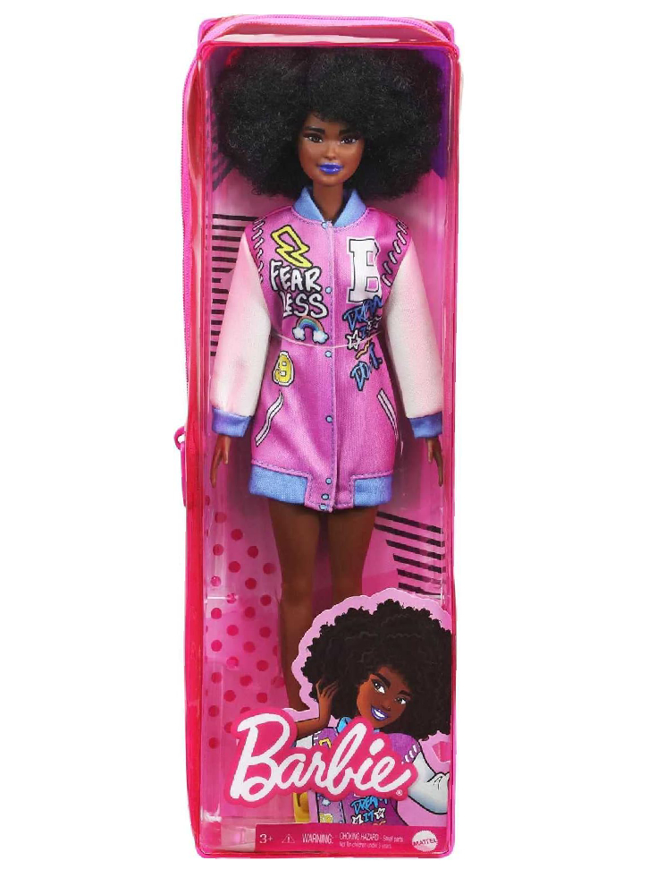 Mattel Barbie Doll Fashionistas - Curly Brunette Hair Black Skin Doll with Letterman Jacket 30 cm (GRB48)