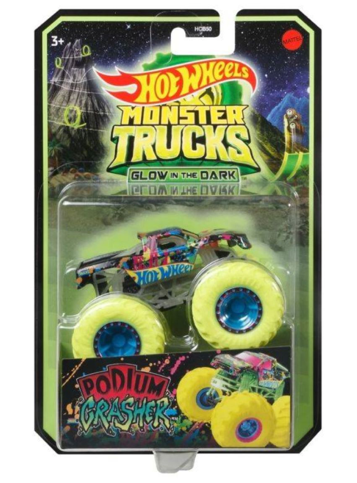 Mattel Hot Wheels Monster Trucks: Glow in The Dark - Podium Crasher (Yellow Wheels) (HCB51)