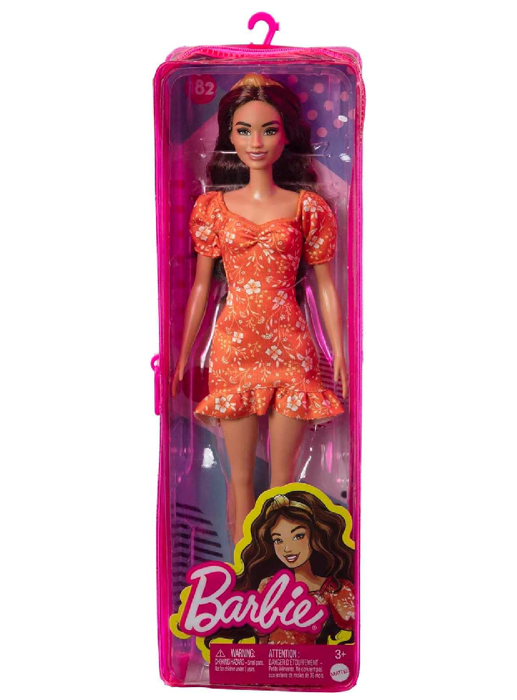 Papusa Barbie Fashionistas Wavy Brunette Hair Headband Orange Floral Dress (HBV16)