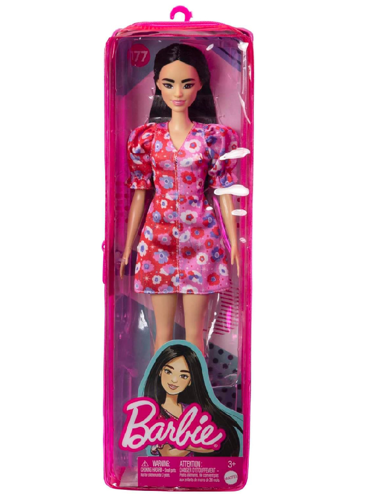 Papusa Barbie Fashionistas Long Black Hair Color Block Floral Dress (HBV11)