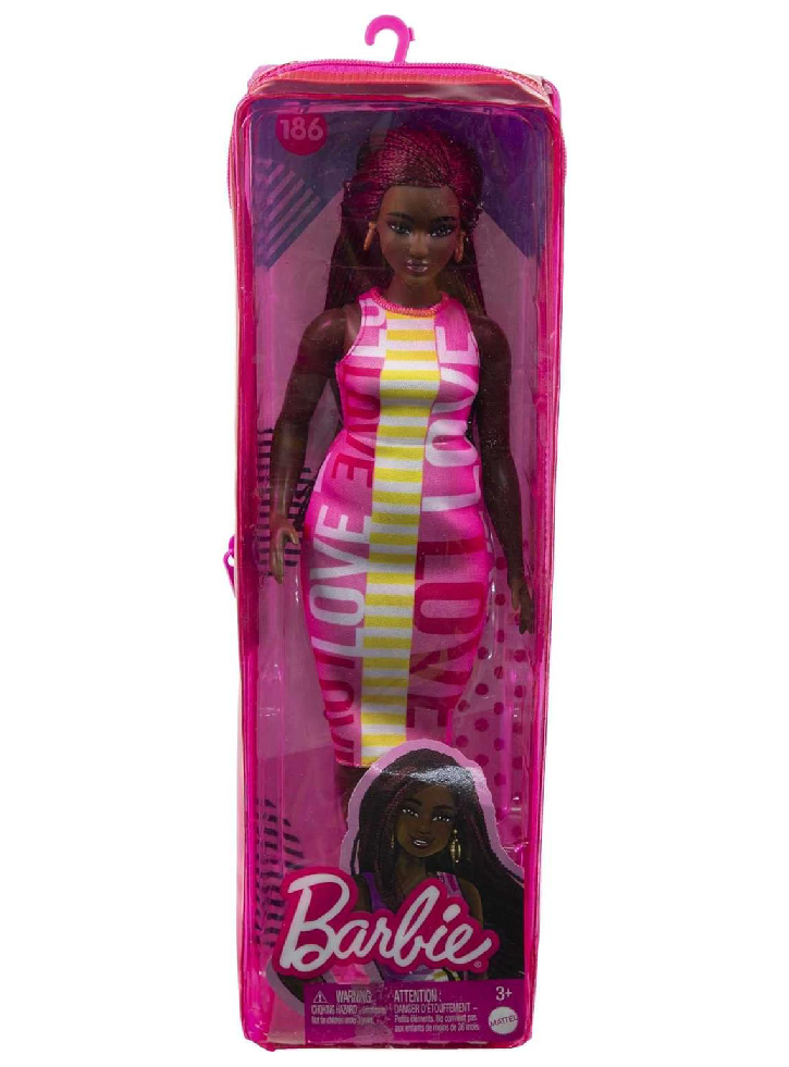 Papusa Barbie Fashionistas Curvy Black Skin, Crimson Braids Sleeveless Love Dress (HBV18)