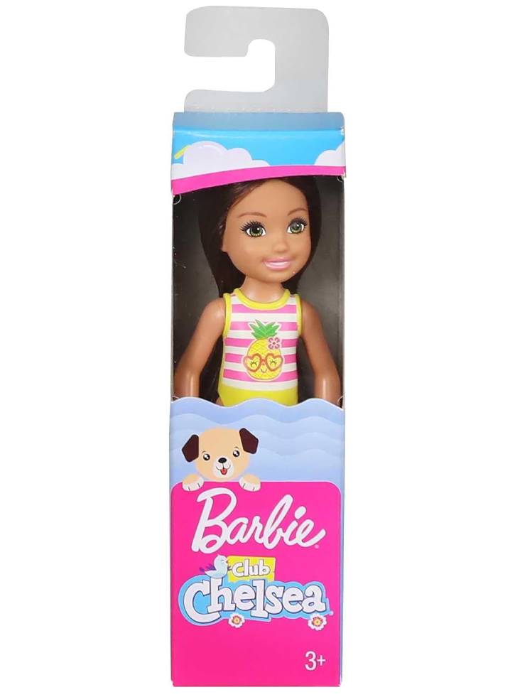 Papusa Barbie Club Chelsea Beach Brunette Girl with Pineapple Swimsuit (GHV57)