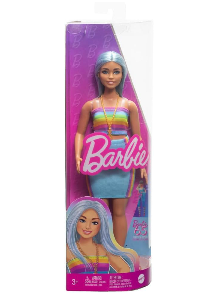 Barbie Doll Fashionistas #218 Long Blue Hair Curvy with Rainbow Top Teal Skirt (HRH16)