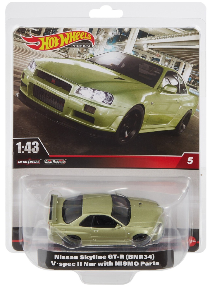 Hot Wheels Premium Real Readers Nissan Skyline GT-R (BNR34) V Spec II with Nismo Parts 1:43 (HMD47)