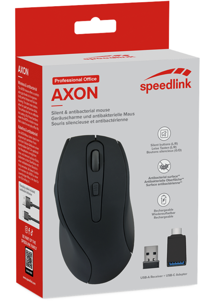 Mouse Speedlink AXON Silent & Antibacterial Rechargeable Wireless USB-A/-C Rubber-black - PC