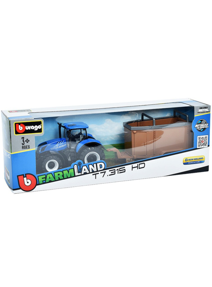 BURAGO Tractor w/livestock trailer N.H. T7.615 10cm blue (141509)