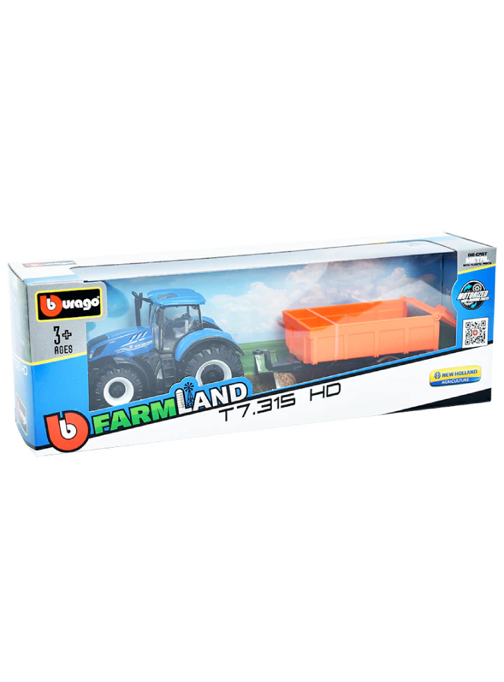 BURAGO Tractor w/tipping trailer N.H T7.615 10cm blue (141511)