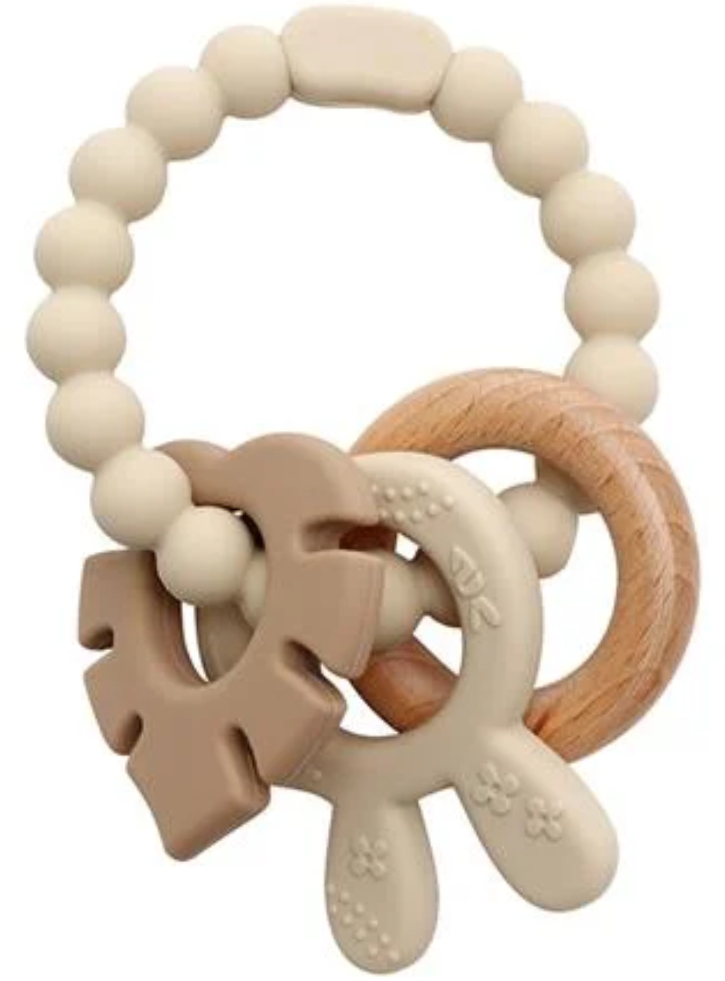 Magni Teether bracelet, silicone with wooden ring leaves and bunny-ears appendix Beige (5577)