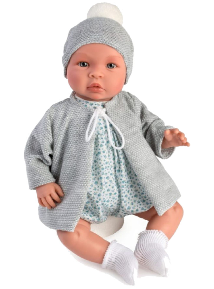 Asi Leonora baby doll in blue flowerprint dress and grey jacket