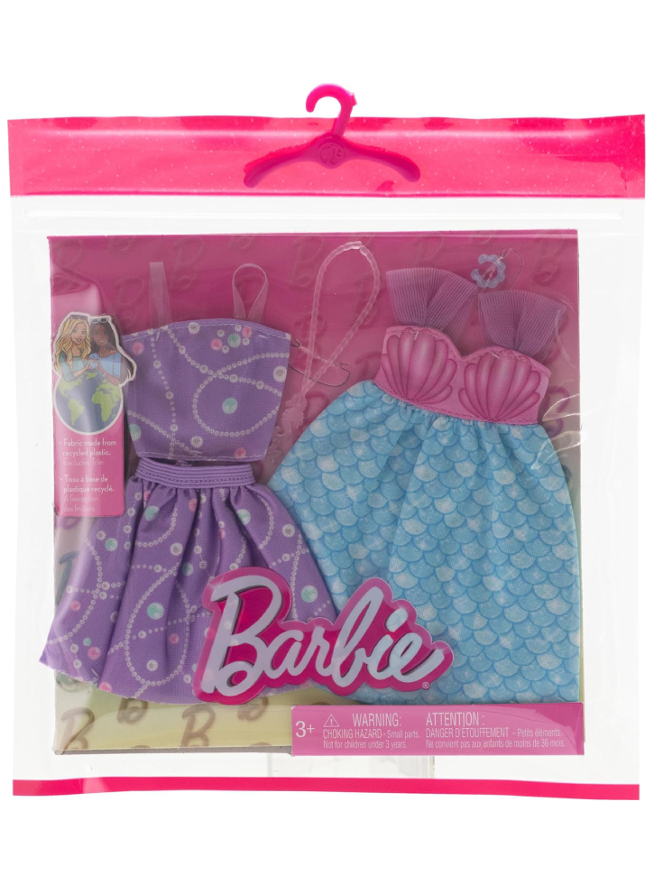 Barbie Fashion 2-Pack - Mermaid Dress, Purple Top + Skirt, Pink Seahorse Necklace, And A Blue Bracelet (HRH44)