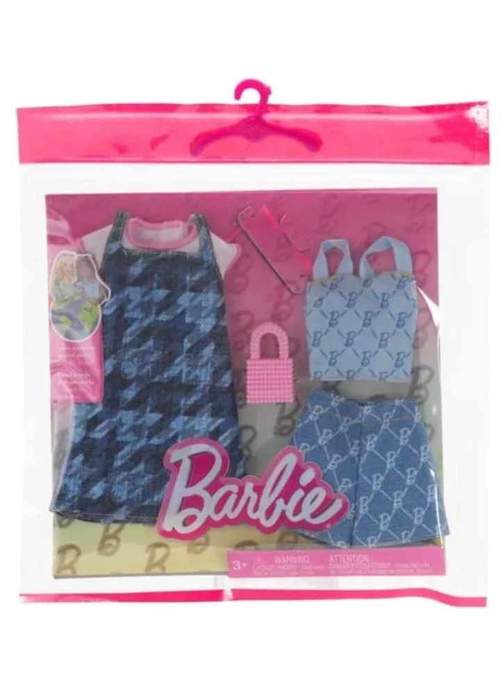 Barbie Fashion 2-Pack Blue Denim Dress, Top, And Shorts, Pink Sunglasses And Purse (HRH45)