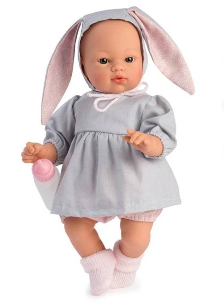 Asi Koke doll in gray dress with a hood with rabbit ears