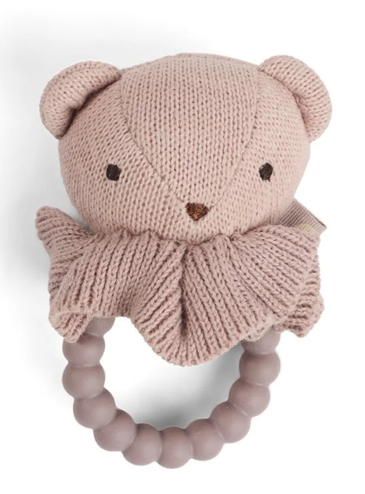 Smallstuff Rattle, bear face on silicone ring, soft rose (40008-92)