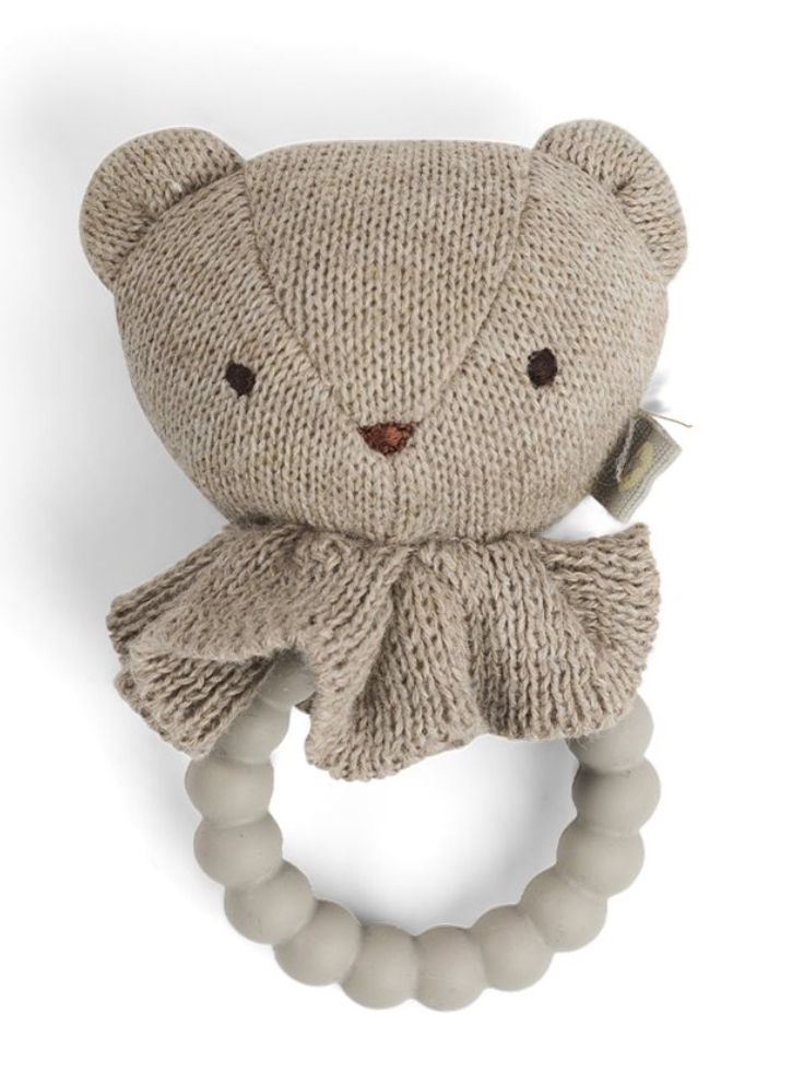 Smallstuff Rattle, bear face on silicone ring, nature (40008-90)