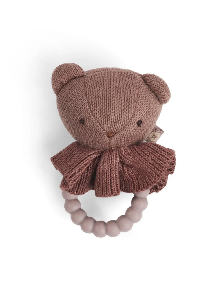 Smallstuff Rattle, bear face on silicone ring, dark rose (40008-93)