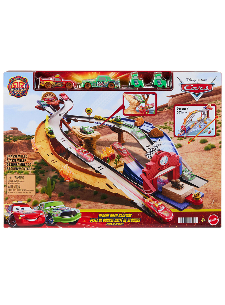Disney Cars Radiator Springs Race & Rescue Rescue Road Raceway Playset With 4 Toy Cars (JFL57)