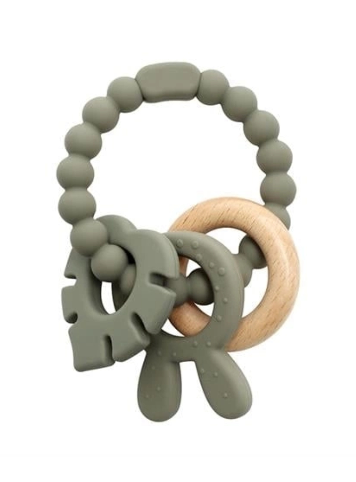 Magni Teether Bracelet silicone with wooden ring leaves and bunny-ears appendix Green (5578)