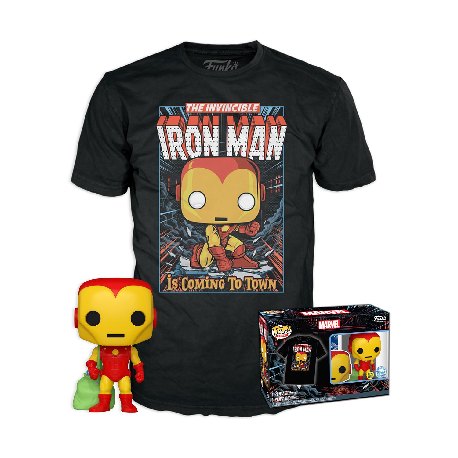 Funko Pop! Marvel Holiday Iron Man Glows in the Dark Figure & T-Shirt XL